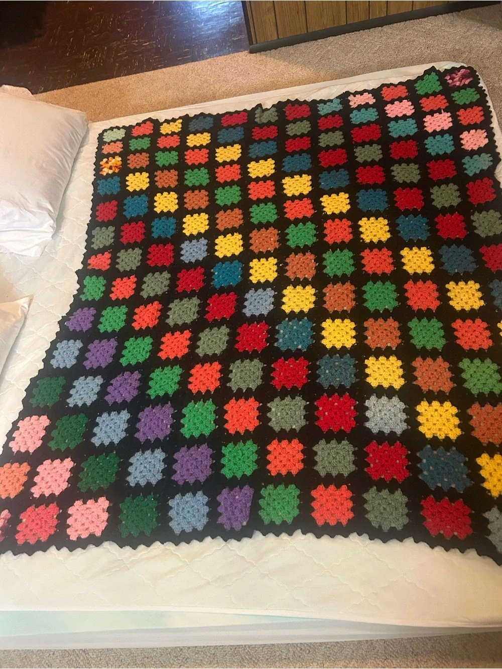Colorful Crochet Granny Square Blanket - Black Trim